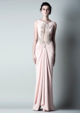 evening beige dress with drape and neckline