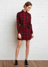 Short red plaid dress shirt tartan