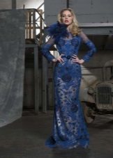 Blue lace dress na may sleeves