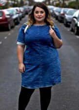 Dark blue denim office dress for a full body in a combination with tight black tights
