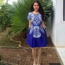 Váy polyester màu xanh có in hình cho mùa thu và mùa xuân