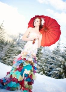 Wedding dress with multi-colored pieces of fabric
