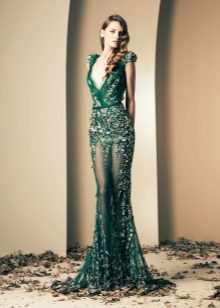 Evening green lace dress in nude style