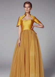 Fluffy evening dress with a mustard color corset