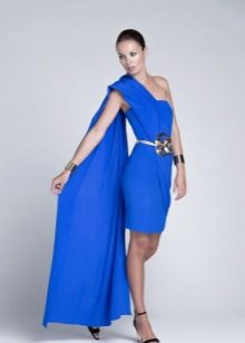 Blue evening midi dress with train