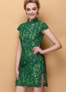 Váy ren xanh ngắn qipao