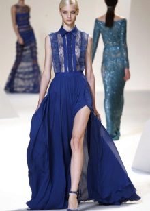 Blue evening dress na may guipure