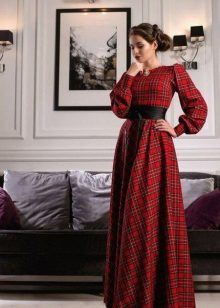 Long red check dress na may black obi belt