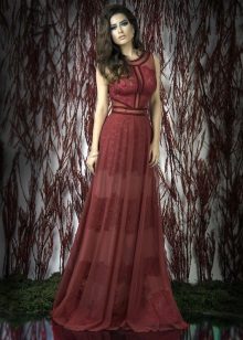 Red A-Silhouette Lace Dress
