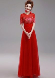 váy organza đỏ xuống sàn