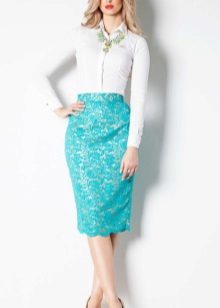 กระโปรงดินสอลูกไม้สีฟ้า