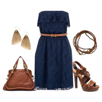 Blue lace dress na may brown accessories
