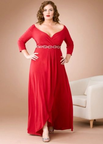 Summer red to the floor dress with an asymmetrical skirt and long sleeves for full