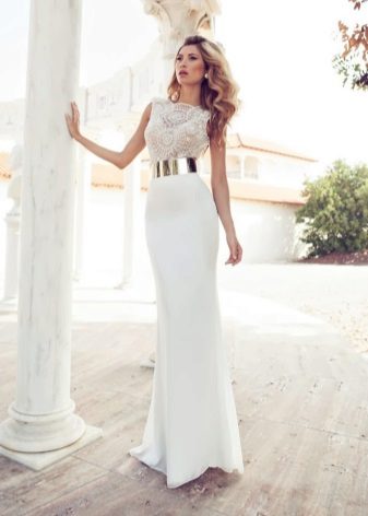 Long wedding dress case with a gold belt