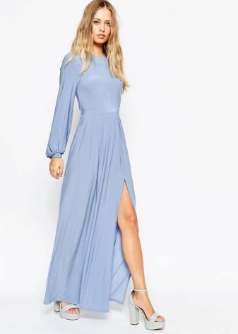 The length of the blue dress to the floor