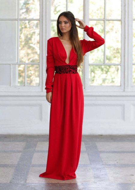 Red evening dress with sleeves and deep neckline