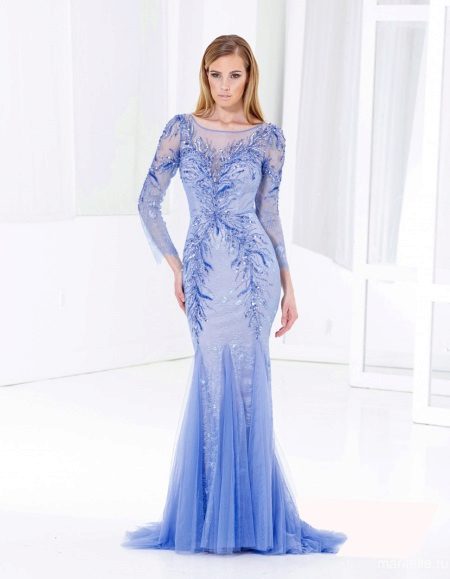 Blue evening dress with lace sleeves