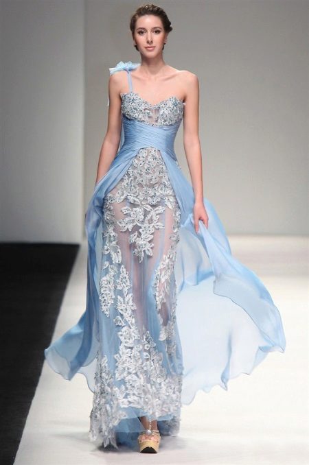Blue Greek dress na may lace