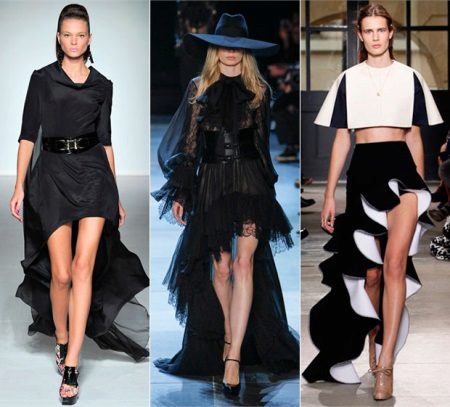 Asymmetrical skirts na may isang tren sa itaas ng tuhod
