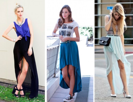 Kumbinasyon ng mga skirts na may tren na may iba't ibang sapatos